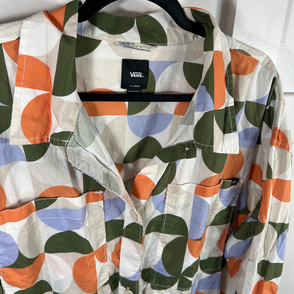 Vans Women's XL Geometric Semicircle Print Button Down Shirt Green Orange